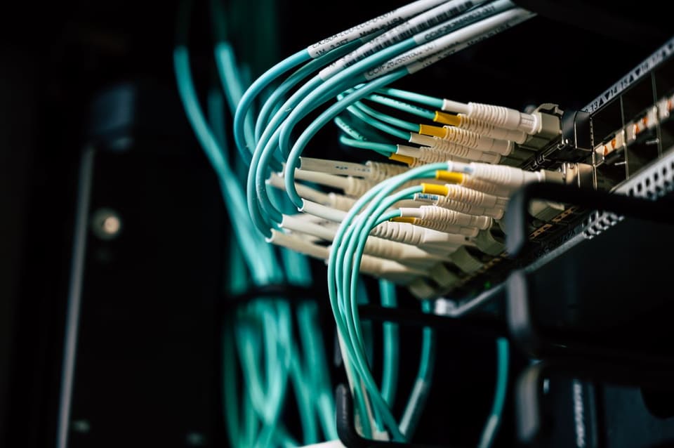 Fibre-optic cables patched into a network switch