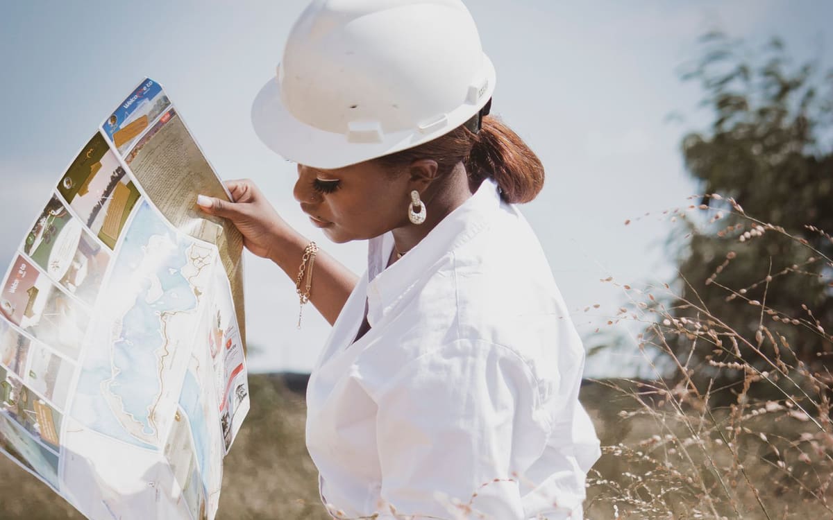Engineer in a white hard hat studying site plans outdoors